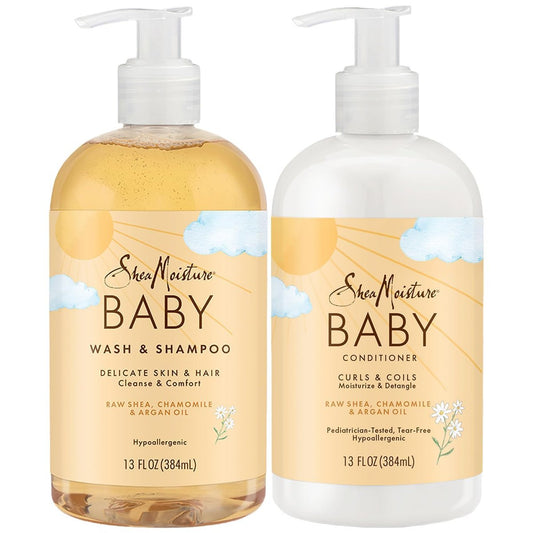 SheaMoisture Baby Essentials Body Wash & Shampoo + Curls & Coils Conditioner & Detangler with Raw Shea, Chamomile & Argan Oil, Pediatrician-Tested, Hypoallergenic, Tear-Free, 13 oz Each