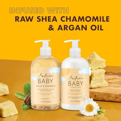 SheaMoisture Baby Essentials Body Wash & Shampoo + Curls & Coils Conditioner & Detangler with Raw Shea, Chamomile & Argan Oil, Pediatrician-Tested, Hypoallergenic, Tear-Free, 13 oz Each