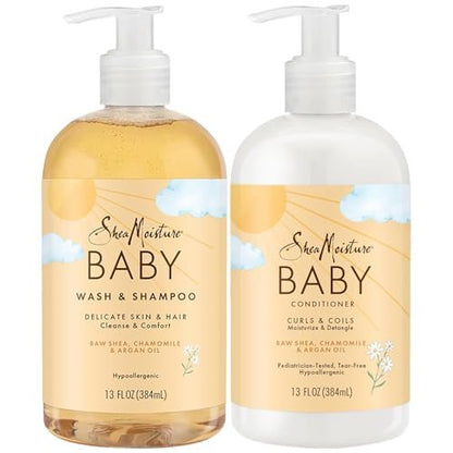 SheaMoisture Baby Essentials Body Wash & Shampoo + Curls & Coils Conditioner & Detangler with Raw Shea, Chamomile & Argan Oil, Pediatrician-Tested, Hypoallergenic, Tear-Free, 13 oz Each