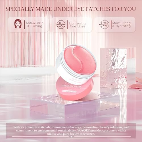 YOYORY Under Eye Patches Masks for Fine Lines, Dark Circles, and Puffiness - Collagen & Hyaluronic Acid Eye Treatment for Women and Men (60 Patches, Pink) Avelisse