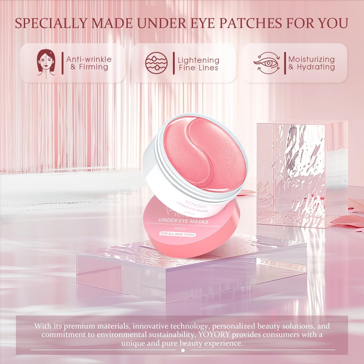YOYORY Under Eye Patches Masks for Fine Lines, Dark Circles, and Puffiness - Collagen & Hyaluronic Acid Eye Treatment for Women and Men (60 Patches, Pink) Avelisse
