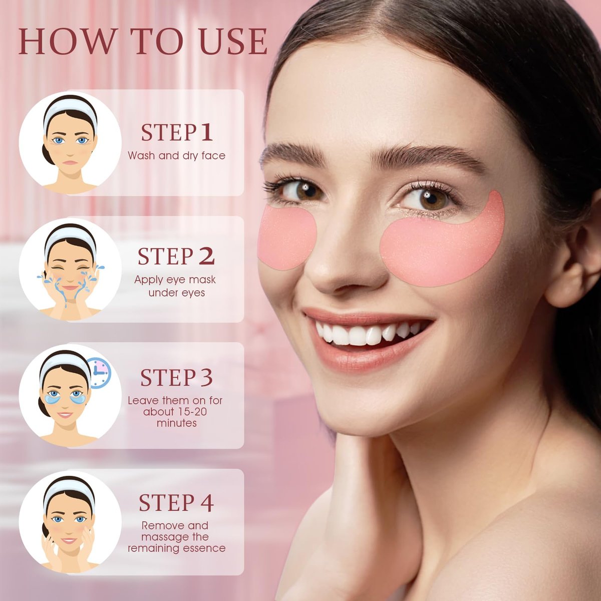 YOYORY Under Eye Patches Masks for Fine Lines, Dark Circles, and Puffiness - Collagen & Hyaluronic Acid Eye Treatment for Women and Men (60 Patches, Pink) Avelisse