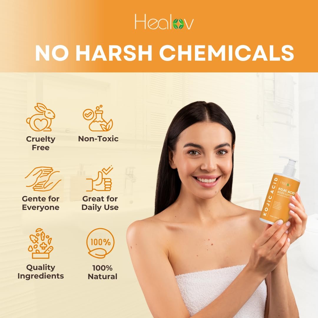 Kojic Acid Lotion – Skin Brightening Body Lotion for Age Spots, Hyperpigmentation, Intimate Areas – Dark Spot Remover, Reduces Acne, Scars and Evens Tone – Healov - görsel 9