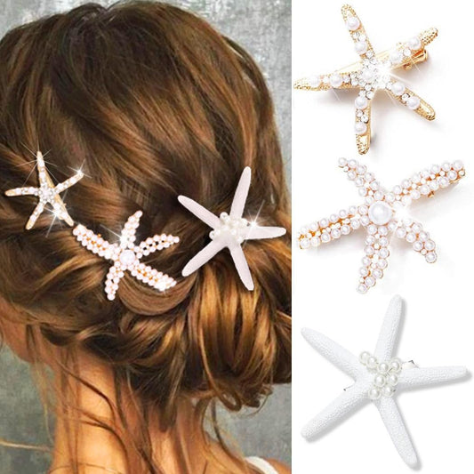 CAKURE Starfish Hair Clip Pearl Mermaid Hair Clips Seashell Hair Accessories for Women and Girls (Pack of 3)