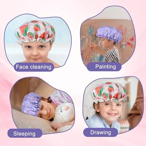 TIESOME Kids Shower Caps - 2 Pack Cute Rabbit Bonnets, Waterproof Double Layers, Yellow & Purple, Reusable Soft EVA & Satin for Children - görsel 12