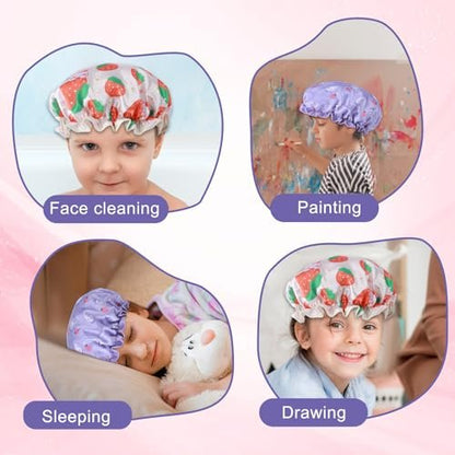 TIESOME Kids Shower Caps - 2 Pack Cute Rabbit Bonnets, Waterproof Double Layers, Yellow & Purple, Reusable Soft EVA & Satin for Children