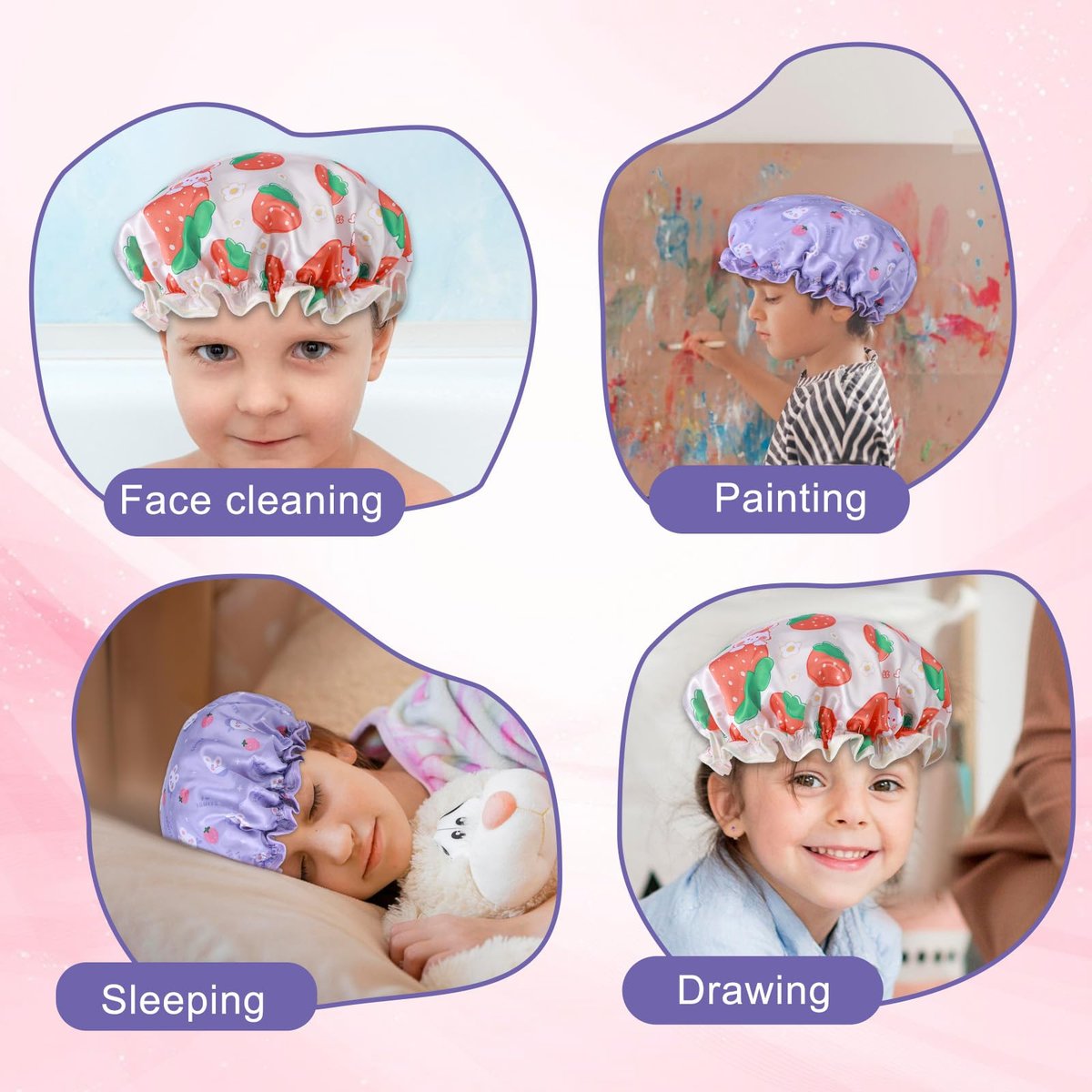 TIESOME Kids Shower Caps - 2 Pack Cute Rabbit Bonnets, Waterproof Double Layers, Yellow & Purple, Reusable Soft EVA & Satin for Children - görsel 11