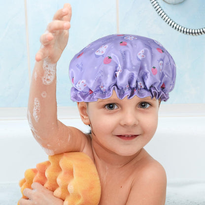 TIESOME Kids Shower Caps - 2 Pack Cute Rabbit Bonnets, Waterproof Double Layers, Yellow & Purple, Reusable Soft EVA & Satin for Children