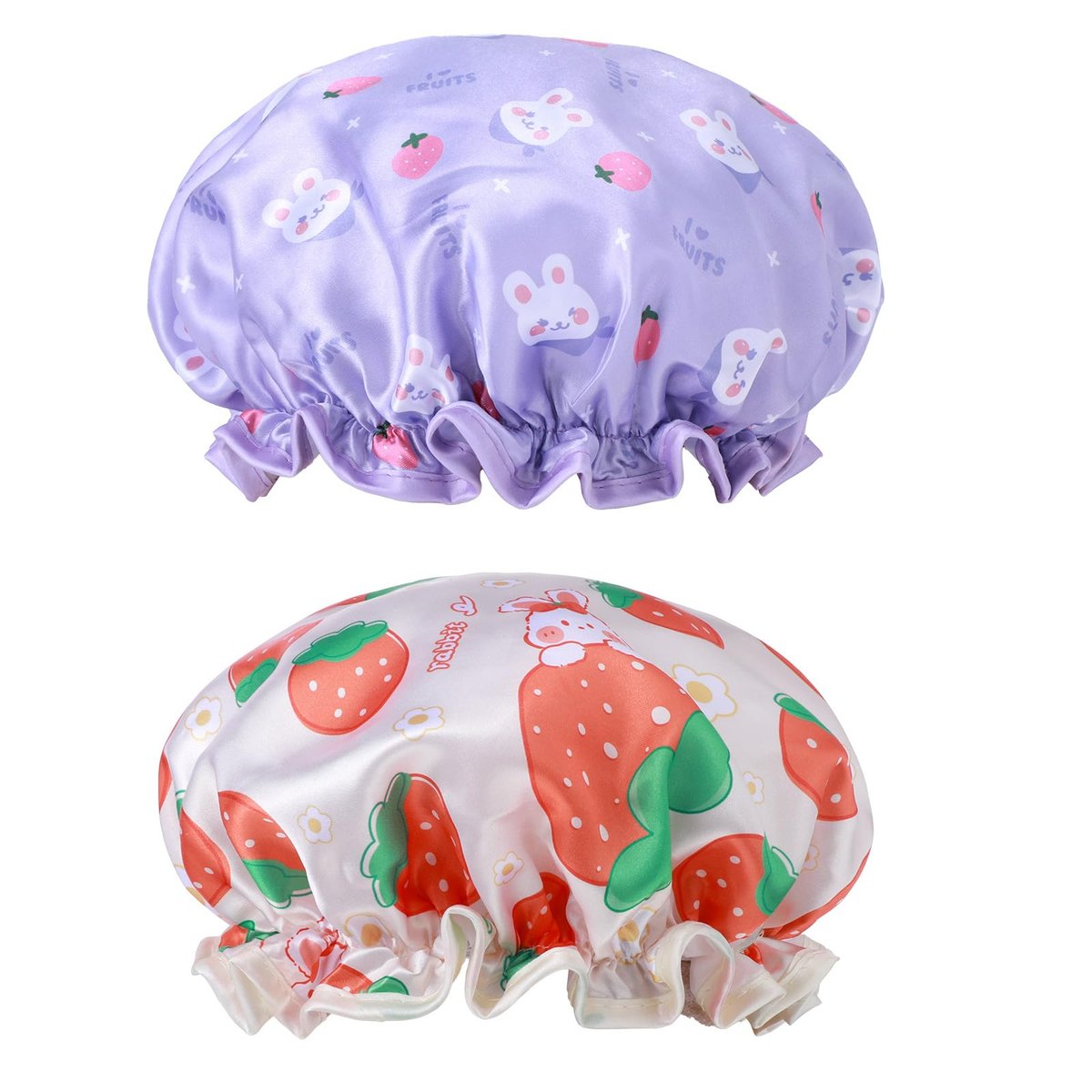 TIESOME Kids Shower Caps - 2 Pack Cute Rabbit Bonnets, Waterproof Double Layers, Yellow & Purple, Reusable Soft EVA & Satin for Children - görsel 1
