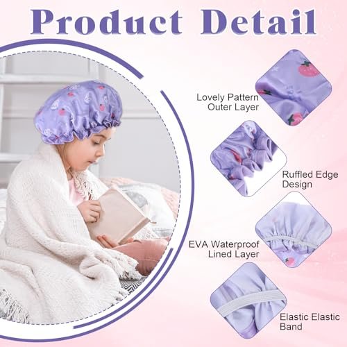 TIESOME Kids Shower Caps - 2 Pack Cute Rabbit Bonnets, Waterproof Double Layers, Yellow & Purple, Reusable Soft EVA & Satin for Children - görsel 6