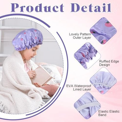 TIESOME Kids Shower Caps - 2 Pack Cute Rabbit Bonnets, Waterproof Double Layers, Yellow & Purple, Reusable Soft EVA & Satin for Children