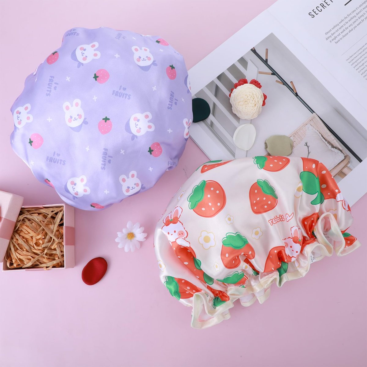 TIESOME Kids Shower Caps - 2 Pack Cute Rabbit Bonnets, Waterproof Double Layers, Yellow & Purple, Reusable Soft EVA & Satin for Children - görsel 13