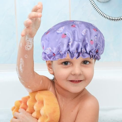 TIESOME Kids Shower Caps - 2 Pack Cute Rabbit Bonnets, Waterproof Double Layers, Yellow & Purple, Reusable Soft EVA & Satin for Children