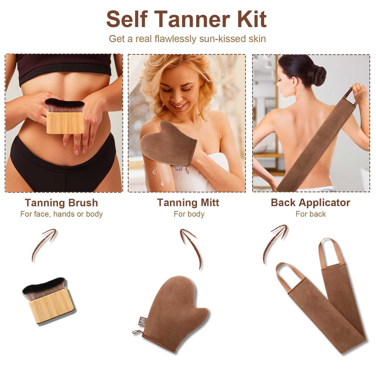 G GAIYAH Tanning Mitt Set - 4 Pack Self Tanner Mitts with Back Applicator for Streak-Free, Flawless Tan Avelisse