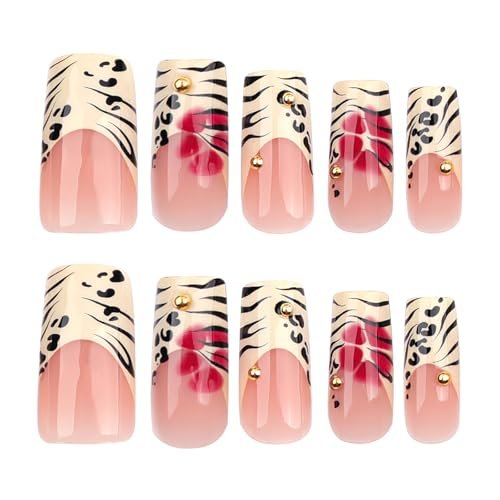 Jremg Leopard Print French Tip Press on Nails - Long Square Fake Nails with 3D Gold Pearl Designs, Glossy Red Flower Full Cover Glue On Nails, Reusable Coffin Autumn Winter False Nails for Women 24Pcs - görsel 8