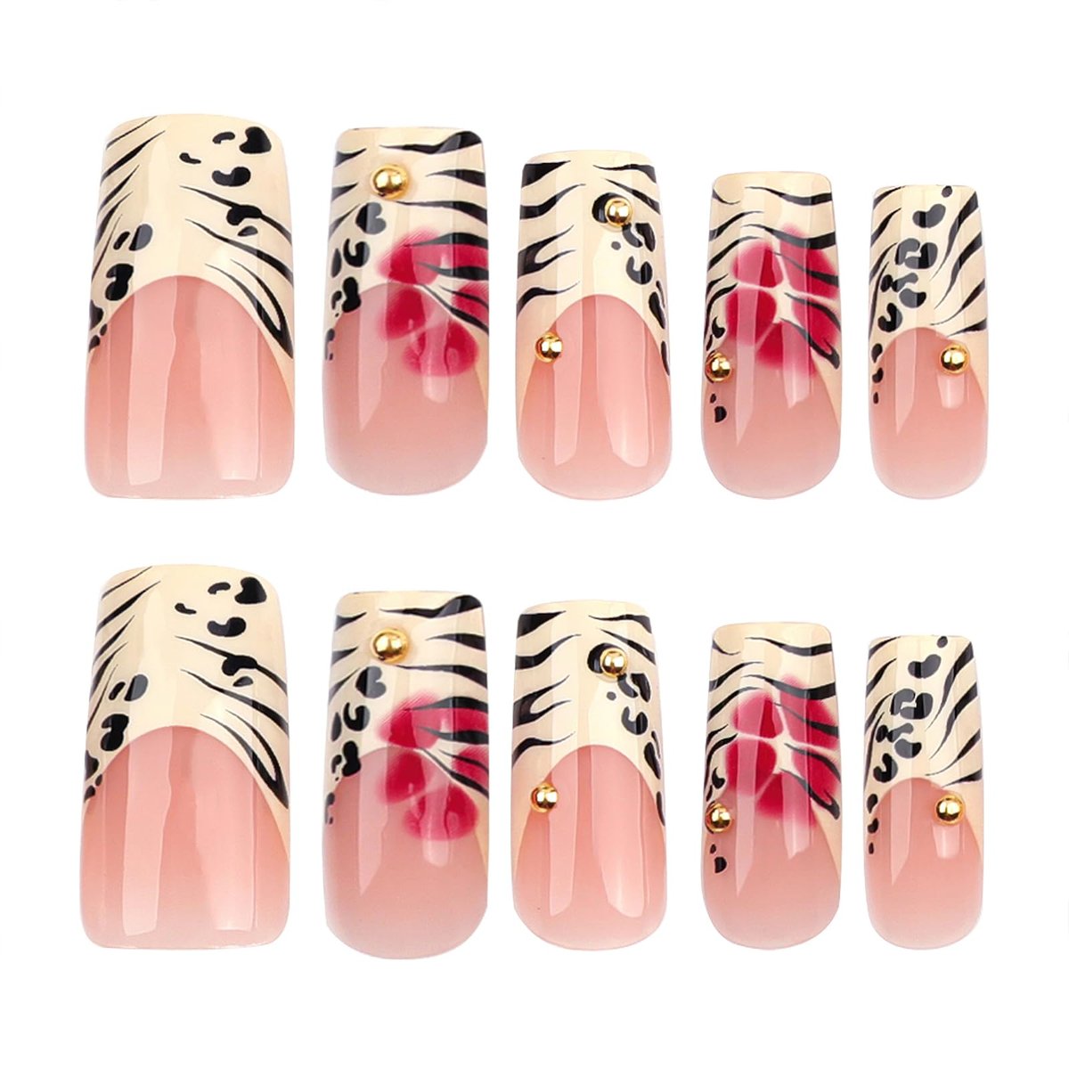 Jremg Leopard Print French Tip Press on Nails - Long Square Fake Nails with 3D Gold Pearl Designs, Glossy Red Flower Full Cover Glue On Nails, Reusable Coffin Autumn Winter False Nails for Women 24Pcs - görsel 7