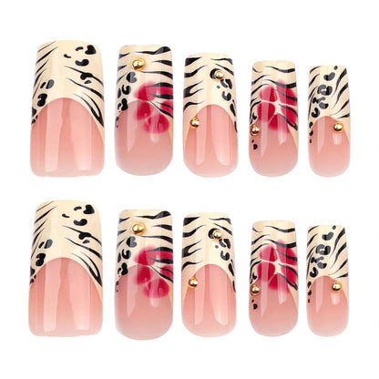 Jremg Leopard Print French Tip Press on Nails - Long Square Fake Nails with 3D Gold Pearl Designs, Glossy Red Flower Full Cover Glue On Nails, Reusable Coffin Autumn Winter False Nails for Women 24Pcs