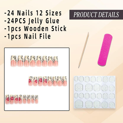 Jremg Leopard Print French Tip Press on Nails - Long Square Fake Nails with 3D Gold Pearl Designs, Glossy Red Flower Full Cover Glue On Nails, Reusable Coffin Autumn Winter False Nails for Women 24Pcs