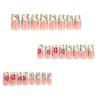 Jremg Leopard Print French Tip Press on Nails - Long Square Fake Nails with 3D Gold Pearl Designs, Glossy Red Flower Full Cover Glue On Nails, Reusable Coffin Autumn Winter False Nails for Women 24Pcs