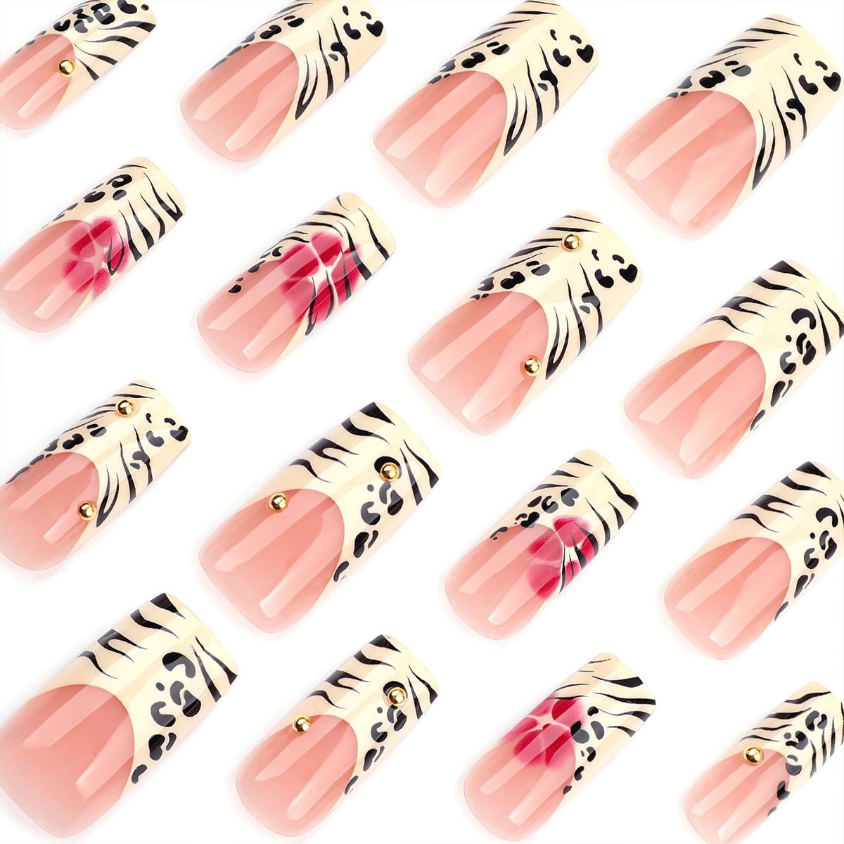 Jremg Leopard Print French Tip Press on Nails - Long Square Fake Nails with 3D Gold Pearl Designs, Glossy Red Flower Full Cover Glue On Nails, Reusable Coffin Autumn Winter False Nails for Women 24Pcs - görsel 5