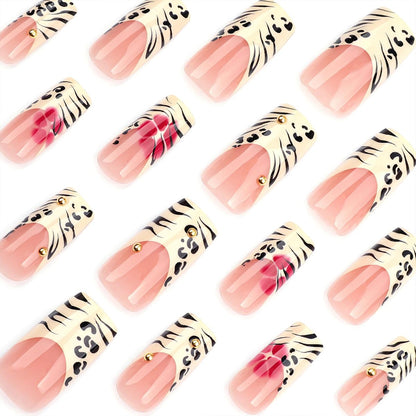 Jremg Leopard Print French Tip Press on Nails - Long Square Fake Nails with 3D Gold Pearl Designs, Glossy Red Flower Full Cover Glue On Nails, Reusable Coffin Autumn Winter False Nails for Women 24Pcs