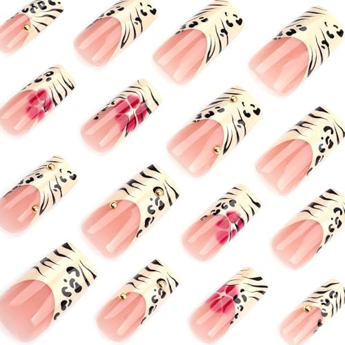 Jremg Leopard Print French Tip Press on Nails - Long Square Fake Nails with 3D Gold Pearl Designs, Glossy Red Flower Full Cover Glue On Nails, Reusable Coffin Autumn Winter False Nails for Women 24Pcs - görsel 6
