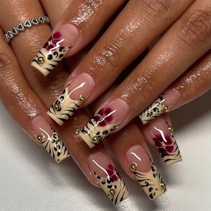 Jremg Leopard Print French Tip Press on Nails - Long Square Fake Nails with 3D Gold Pearl Designs, Glossy Red Flower Full Cover Glue On Nails, Reusable Coffin Autumn Winter False Nails for Women 24Pcs