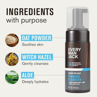 Every Man Jack Men's Foaming Groin Wash – Gentle Below the Belt Cleanser with Naturally Derived Ingredients, 4 Fl Oz
