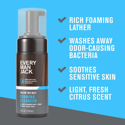 Every Man Jack Men's Foaming Groin Wash – Gentle Below the Belt Cleanser with Naturally Derived Ingredients, 4 Fl Oz
