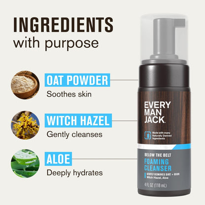 Every Man Jack Men's Foaming Groin Wash – Gentle Below the Belt Cleanser with Naturally Derived Ingredients, 4 Fl Oz
