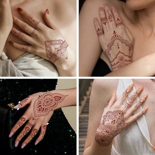 CHARLENT 12 Sheets Brown Henna Tattoo Stickers for Women - Waterproof Temporary Tattoos with Peacock & Lotus Designs for Wedding Party Body Art - görsel 10