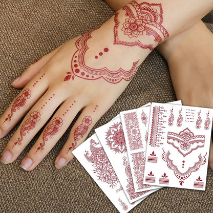 CHARLENT 12 Sheets Brown Henna Tattoo Stickers for Women - Waterproof Temporary Tattoos with Peacock & Lotus Designs for Wedding Party Body Art