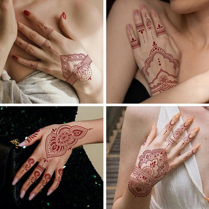 CHARLENT 12 Sheets Brown Henna Tattoo Stickers for Women - Waterproof Temporary Tattoos with Peacock & Lotus Designs for Wedding Party Body Art