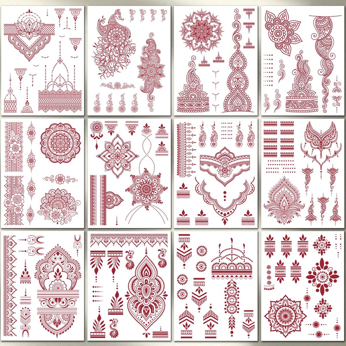 CHARLENT 12 Sheets Brown Henna Tattoo Stickers for Women - Waterproof Temporary Tattoos with Peacock & Lotus Designs for Wedding Party Body Art - görsel 3