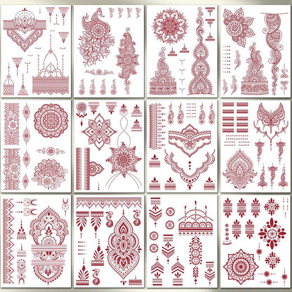 CHARLENT 12 Sheets Brown Henna Tattoo Stickers for Women - Waterproof Temporary Tattoos with Peacock & Lotus Designs for Wedding Party Body Art