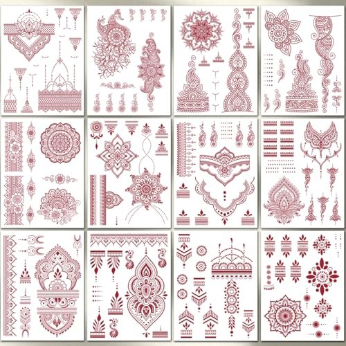CHARLENT 12 Sheets Brown Henna Tattoo Stickers for Women - Waterproof Temporary Tattoos with Peacock & Lotus Designs for Wedding Party Body Art - görsel 4