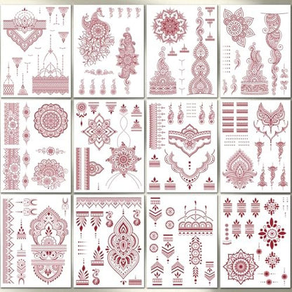 CHARLENT 12 Sheets Brown Henna Tattoo Stickers for Women - Waterproof Temporary Tattoos with Peacock & Lotus Designs for Wedding Party Body Art