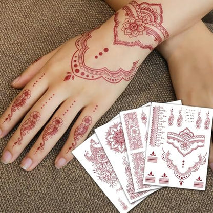 CHARLENT 12 Sheets Brown Henna Tattoo Stickers for Women - Waterproof Temporary Tattoos with Peacock & Lotus Designs for Wedding Party Body Art