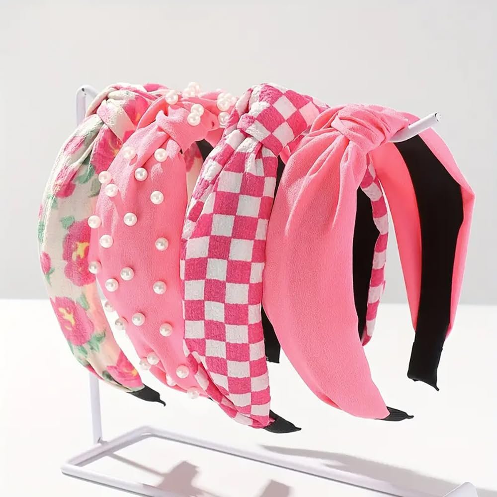 Huachi Hot Pink Headbands for Women Girls – 4 Pack Cute Flower Printed Knotted Head Bands, Non Slip Wide Top Knot Hairbands, Trendy Hair Accessories Avelisse