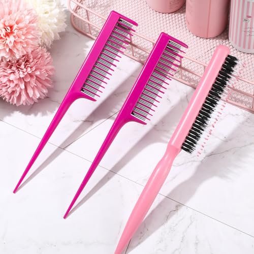 Patelai 3 Pcs Hair Teasing Comb Set - 2 Nylon Triple Combs & Boar Bristle Teaser Brushes for Backcombing, Slicking, Curly, Thick, Wet Hair - Pink Avelisse
