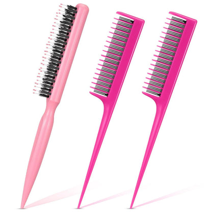 Patelai 3 Pcs Hair Teasing Comb Set - 2 Nylon Triple Combs & Boar Bristle Teaser Brushes for Backcombing, Slicking, Curly, Thick, Wet Hair - Pink Avelisse