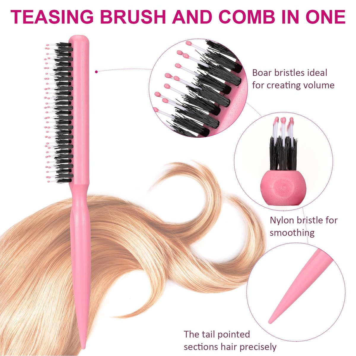 Patelai 3 Pcs Hair Teasing Comb Set - 2 Nylon Triple Combs & Boar Bristle Teaser Brushes for Backcombing, Slicking, Curly, Thick, Wet Hair - Pink Avelisse