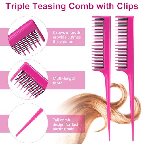 Patelai 3 Pcs Hair Teasing Comb Set - 2 Nylon Triple Combs & Boar Bristle Teaser Brushes for Backcombing, Slicking, Curly, Thick, Wet Hair - Pink Avelisse