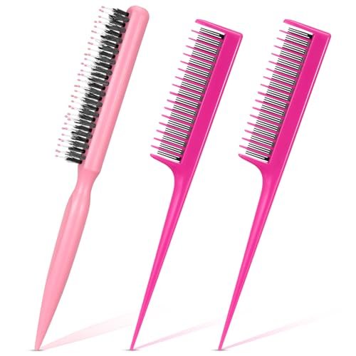 Patelai 3 Pcs Hair Teasing Comb Set - 2 Nylon Triple Combs & Boar Bristle Teaser Brushes for Backcombing, Slicking, Curly, Thick, Wet Hair - Pink Avelisse