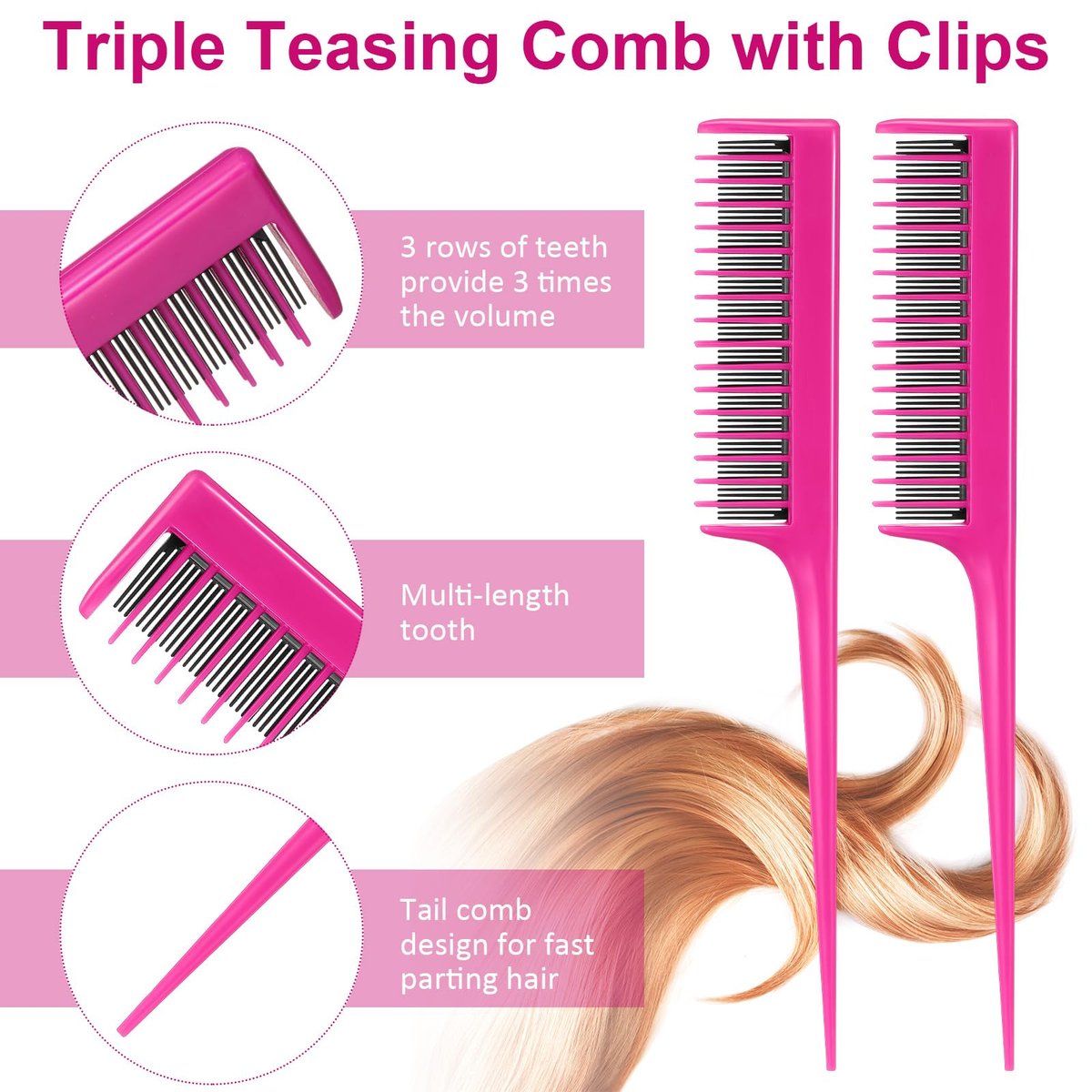 Patelai 3 Pcs Hair Teasing Comb Set - 2 Nylon Triple Combs & Boar Bristle Teaser Brushes for Backcombing, Slicking, Curly, Thick, Wet Hair - Pink Avelisse