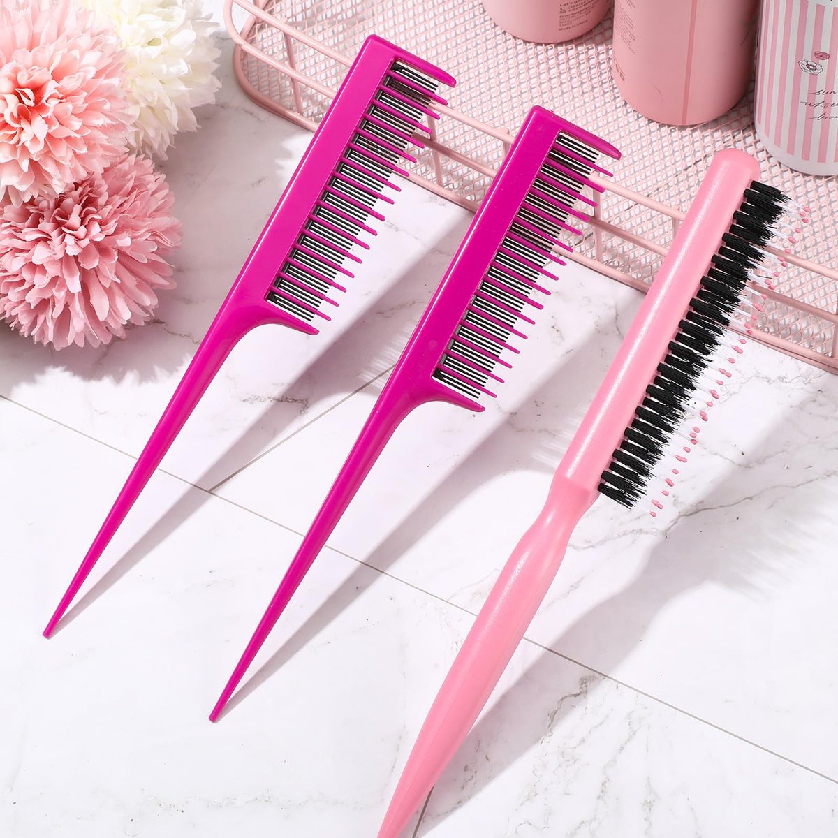 Patelai 3 Pcs Hair Teasing Comb Set - 2 Nylon Triple Combs & Boar Bristle Teaser Brushes for Backcombing, Slicking, Curly, Thick, Wet Hair - Pink Avelisse