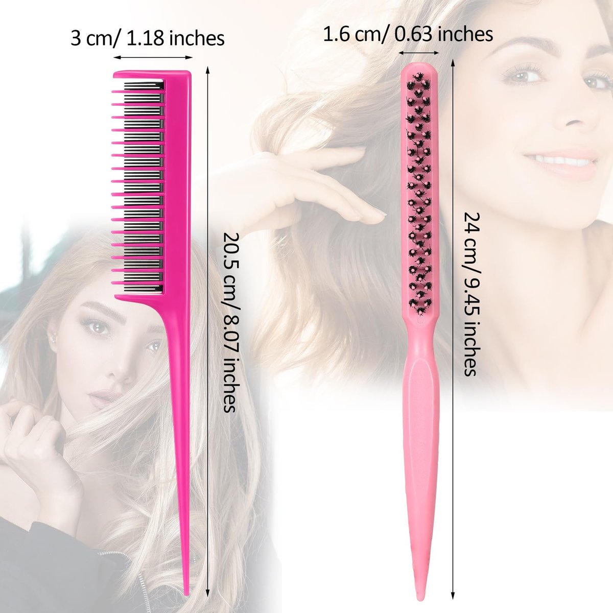 Patelai 3 Pcs Hair Teasing Comb Set - 2 Nylon Triple Combs & Boar Bristle Teaser Brushes for Backcombing, Slicking, Curly, Thick, Wet Hair - Pink Avelisse
