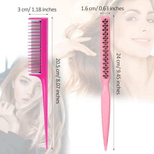 Patelai 3 Pcs Hair Teasing Comb Set - 2 Nylon Triple Combs & Boar Bristle Teaser Brushes for Backcombing, Slicking, Curly, Thick, Wet Hair - Pink Avelisse