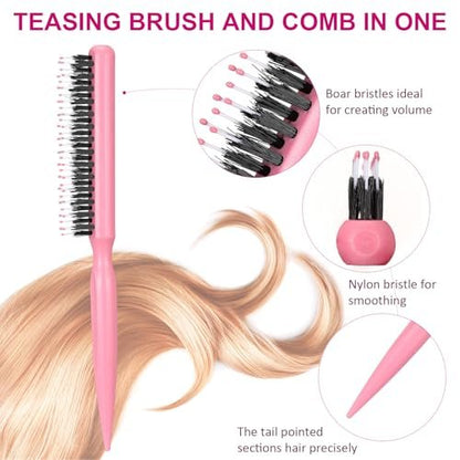 Patelai 3 Pcs Hair Teasing Comb Set - 2 Nylon Triple Combs & Boar Bristle Teaser Brushes for Backcombing, Slicking, Curly, Thick, Wet Hair - Pink Avelisse