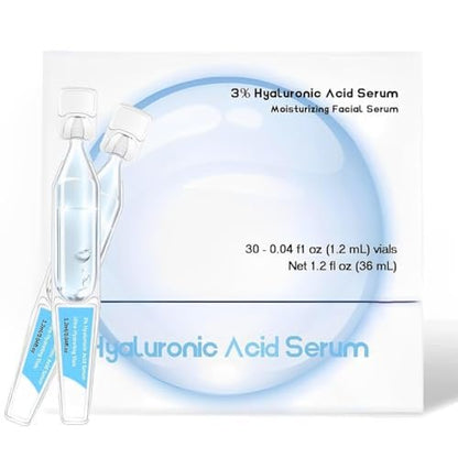 3% Hyaluronic Acid Serum Vials – Ultra Hydrating Face Serum with Hyaluronic Acid, Single-Use Moisturizing Tubes for Dry & Dehydrated Skin (30 PCS)